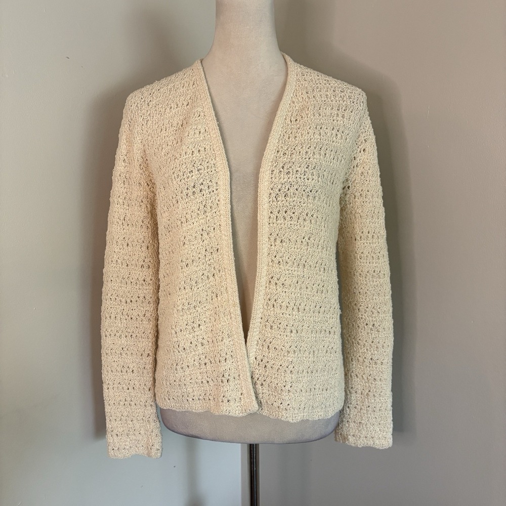 VTG 70s LeRoy Knitwear California Cream Open Pointelle Crochet Cardigan Medium M